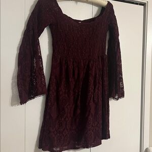 Lace Off-Shoulder Dress Bell Sleeves Deep Burgundy
